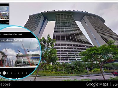 Google's new tool allows users to explore different geographic points, like the Marina Sands hotel in Singapore, over time.