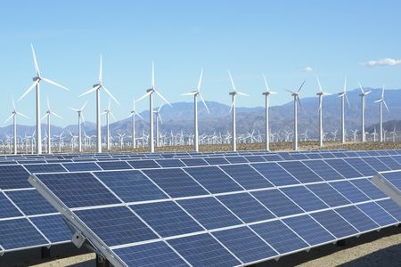 Photovoltaic solar panels and wind turbines, San Gorgonio Pass Wind Farm, Palm Springs, California, USA.