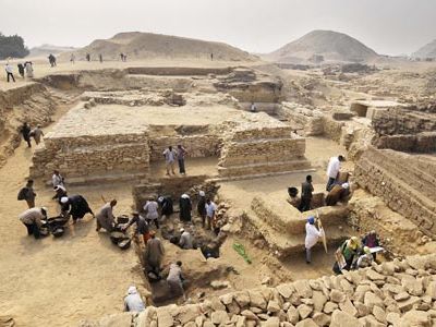 Egyptian archaeologists work at an ancient burial ground in Saqqara, dating back to 2,700 B.C., where a 4,300-year-old pyramid has been discovered at the Saqqara necropolis. It was first built for Queen Sesheshet, the mother of King Teti who founded the 6th Dynasty of Egypt's Old Kingdom.