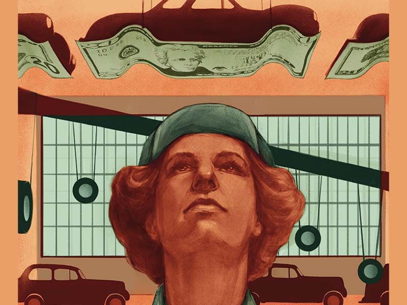 illustration of a women inside an auto factory