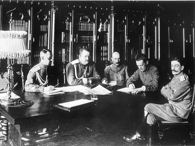 Alexander Kerensky, as Minister of War, meets with other military officials.