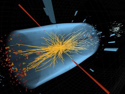 A simulation of a particle collision as seen by the Large Hadron Collider’s CMS experiment.