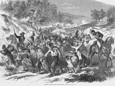 A&nbsp;Harper&#39;s Weekly&nbsp;illustration of Confederate soldiers driving Black Americans south in 1862