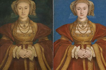 Hans Holbein the Younger&#39;s 1539 portrait of Anne of Cleves before (left) and after (right) conservation
