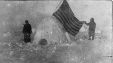This grainy image, taken in 1909, shows two of Frederick Cook’s expedition members somewhere on the frozen Arctic Sea. Though Cook claimed to have reached the North Pole, few historians believe he did.