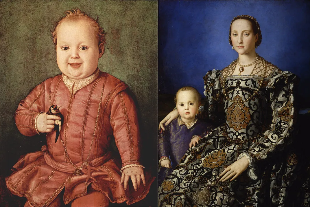 A portrait of Giovanni as a child (left) and a double portrait of Eleonora of Toledo and Giovanni (right)