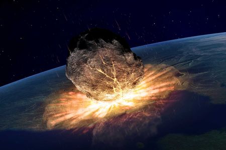 An artist’s illustration shows an asteroid hitting Earth. Large impactors hit the planet every one to three million years.