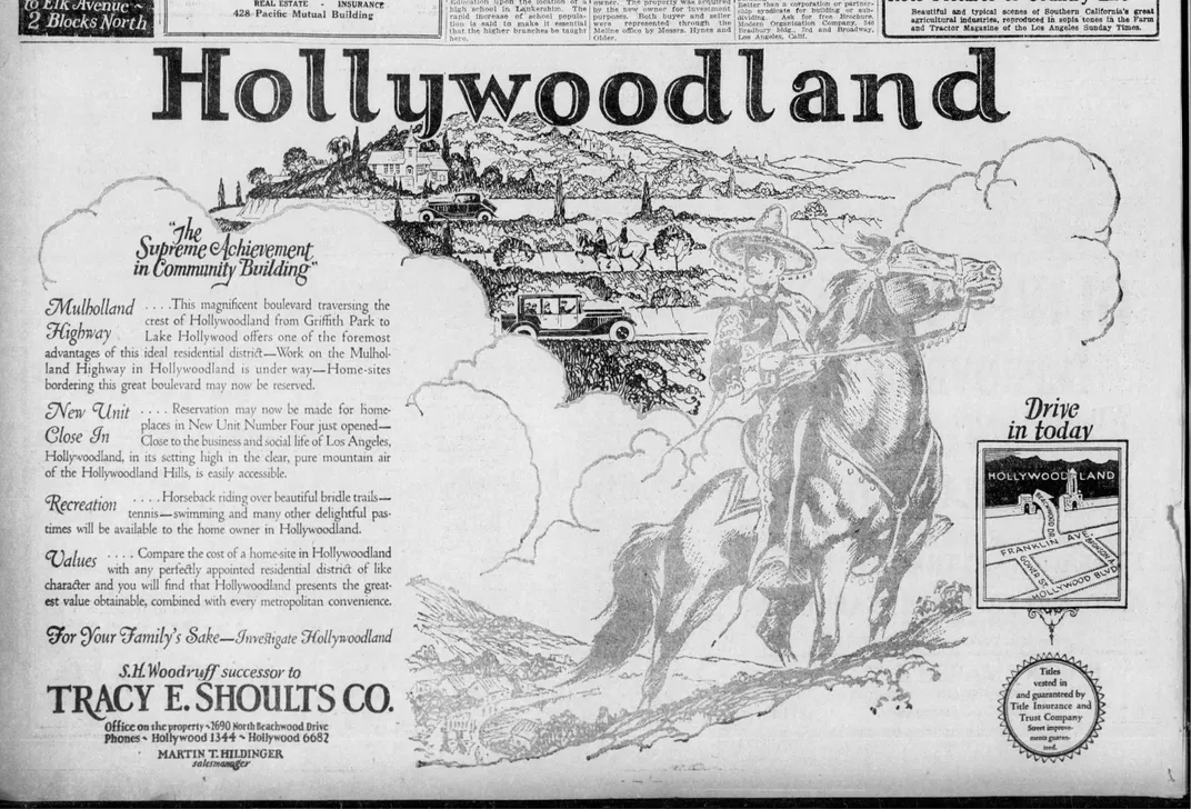 A December 1923 advertisement for Hollywoodland