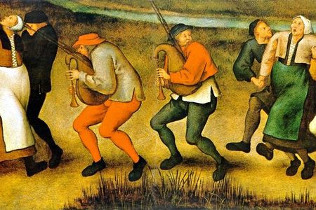 "Dance at Molenbeek," a painting by Pieter Brueghel the Younger (1564-1638) depicts pilgrims dancing to the church at Molenbeek.
