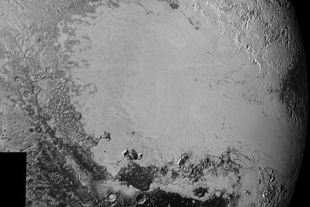 A mosaic of high-resolution images of Pluto shows the icy plane informally called Sputnik Planum.
