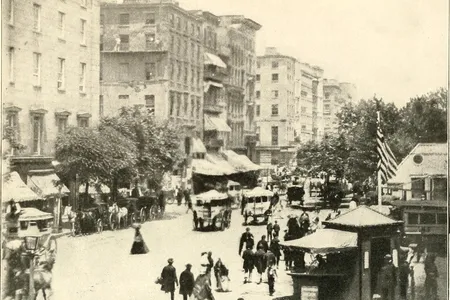 Broadway, New York City at the outbreak of the Civil War in 1861. Union soldiers can be seen walking outside a recruiting station in the image's bottom right corner.&nbsp;