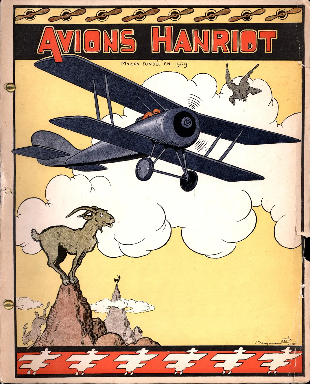 yellow brochure cover with a black plane, goat on a mountain, and the words Avions Hanriot