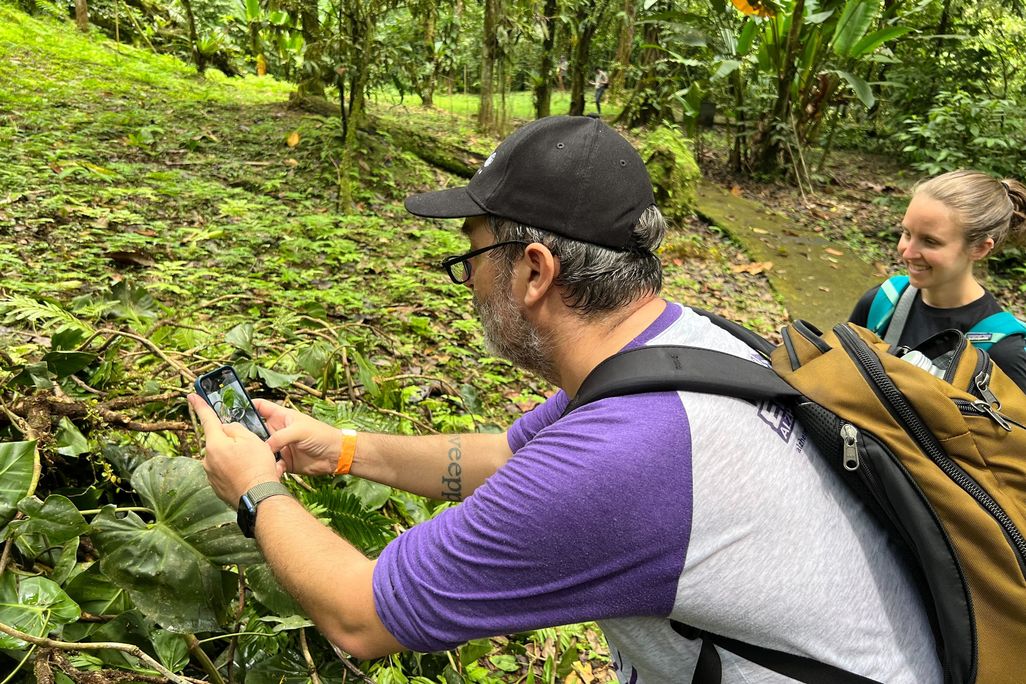 Man takes a photo of a plant