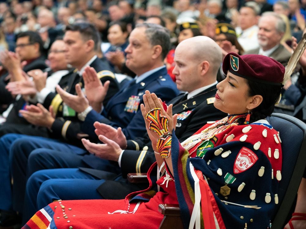 Chief Warrant Office Two Misty Dawn Lakota (Oglala Lakota) takes part in the White House Conference on Supporting Contemporary Native American Veterans. Washington, D.C., November 19, 2019. (White House photo by Andrea Hanks)