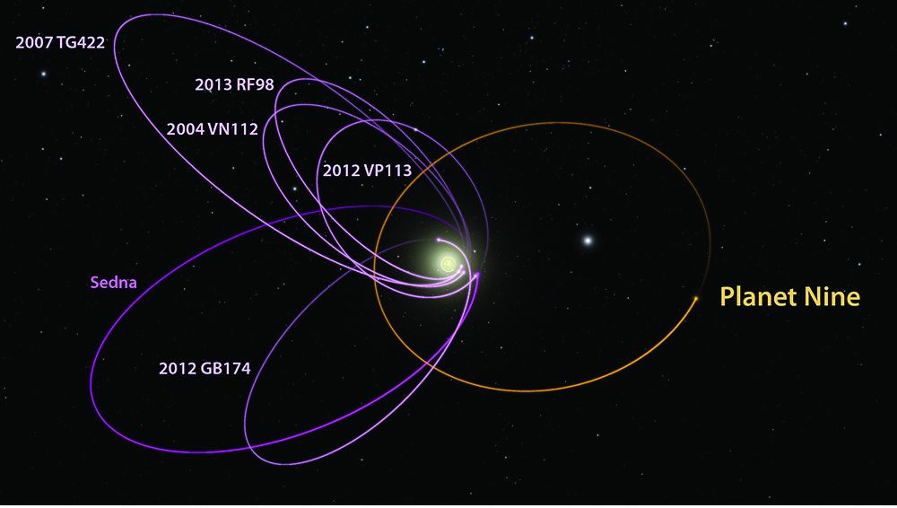 A picture showing simulated dwarf planets clustred near the theoretical "Planet Nine". There are a total of 6 pictured dwarf planet orbits in the photo and one orbit that belongs to Planet Nine. 