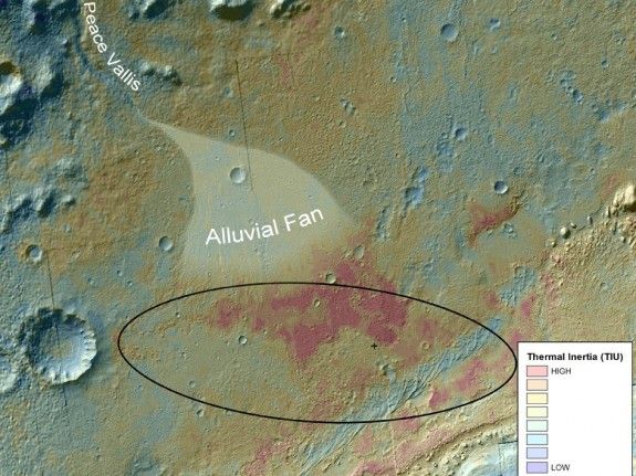 The rocky outcrops lie at the base of an alluvial fan, features formed by flowing water.