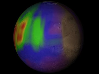 Methane plumes as discovered by Michael Mumma in the northern summer of Mars in 2003. Higher methane concentrations are shown in yellow and red. 