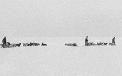 The last photo of Mawson's Far Eastern Party, taken when they left the Australasian Antarctic Party's base camp on November 10, 1912. By January 10, 1913, two of the three men would be dead, and expedition leader Douglas Mawson would find himself exhausted, ill and still more than 160 miles from the nearest human being.