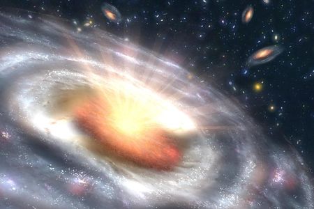 An artist's vision of a brilliant quasar at the core of a young galaxy.