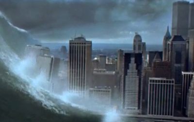 A powerful wave destroys New York City in the disaster film Deep Impact (1998)