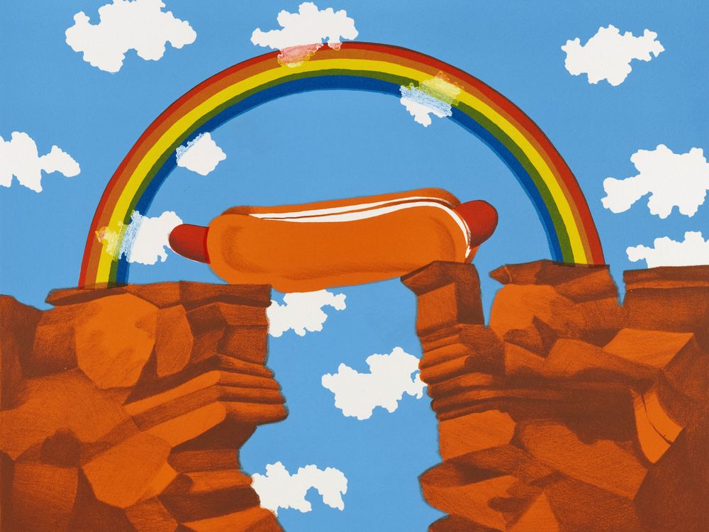Bright print showing a hot dog bridge under a rainbow.