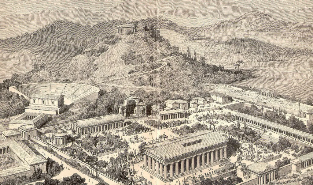 An artistic depiction of ancient Olympia