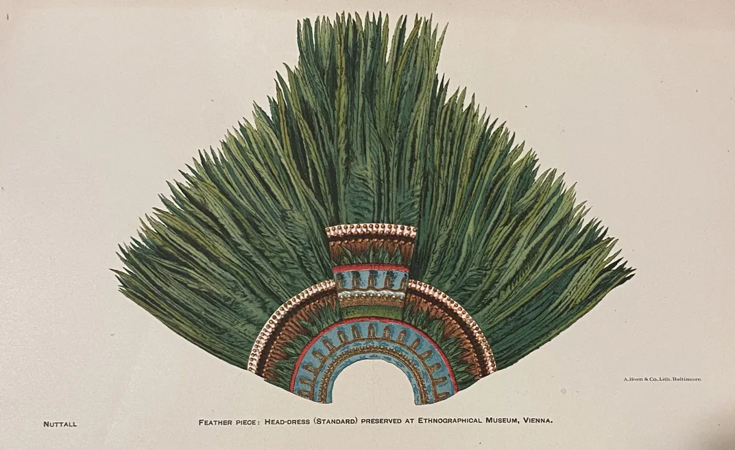 Illustration of feathered head dress, comprised mostly of long green feathers.