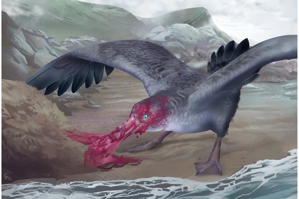 Illustration of large bird with bloody face and beak