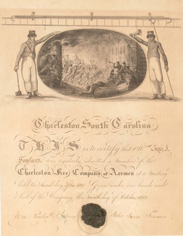 Membership certificate presented to Benjamin J. Holland, by the Charleston Fire Company of Axemen, decorated with illustration of firefighters rushing to a blaze.
