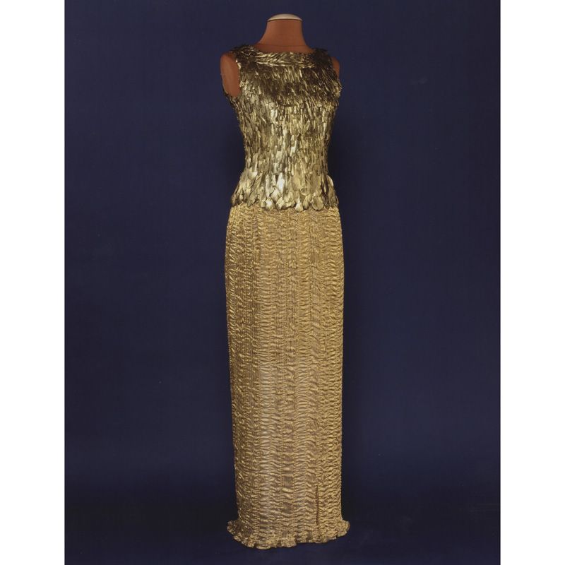 Gold-feathered, floor-length, sleeveless evening dress