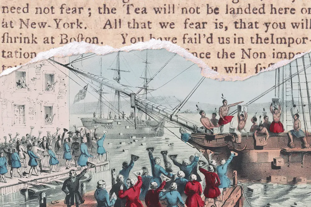 Illustration of the Boston Tea Party, with text from a Patriot overlaid on top