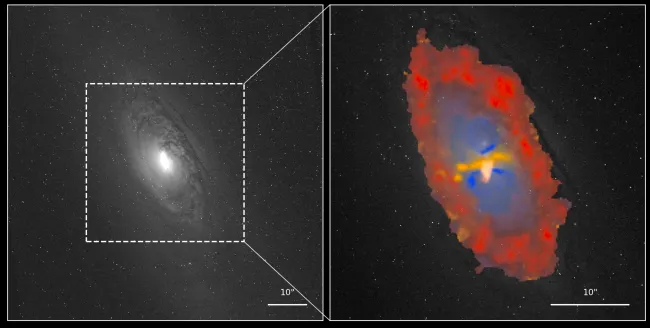left: a black and white image of an elliptical galaxy; right: a red ring surrounding a blue area with some yellow emitting from the center