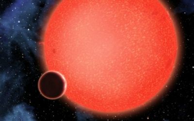 An artist's rendering of GJ1214b, orbiting a red dwarf star