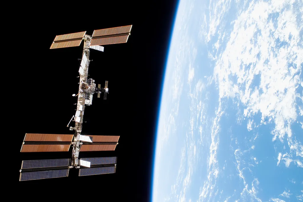 The ISS, as seen from the Space Shuttle Discovery in 2007.