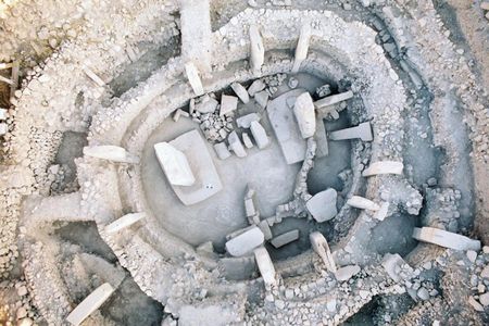 An aerial view of one of the circular enclosures at Göbekli Tepe in Turkey