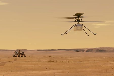 Ingenuity undertakes its first test flight on Mars in this illustration.