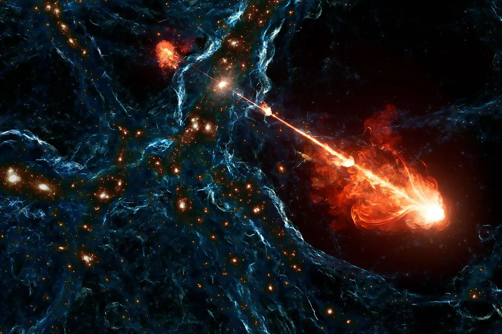 on a dark background, an orange jet blasts in two directions from a black hole, with blue waves and bright spots in the cosmos surrounding it