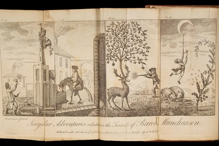 Illustrations from a 1787 edition of Baron Munchausen's adventures