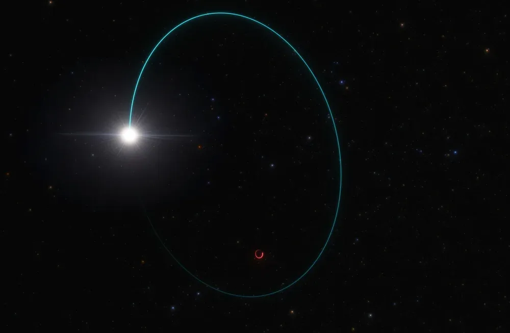 An artist's illustration of Gaia BH3 and its companion star's "wobbling" orbit