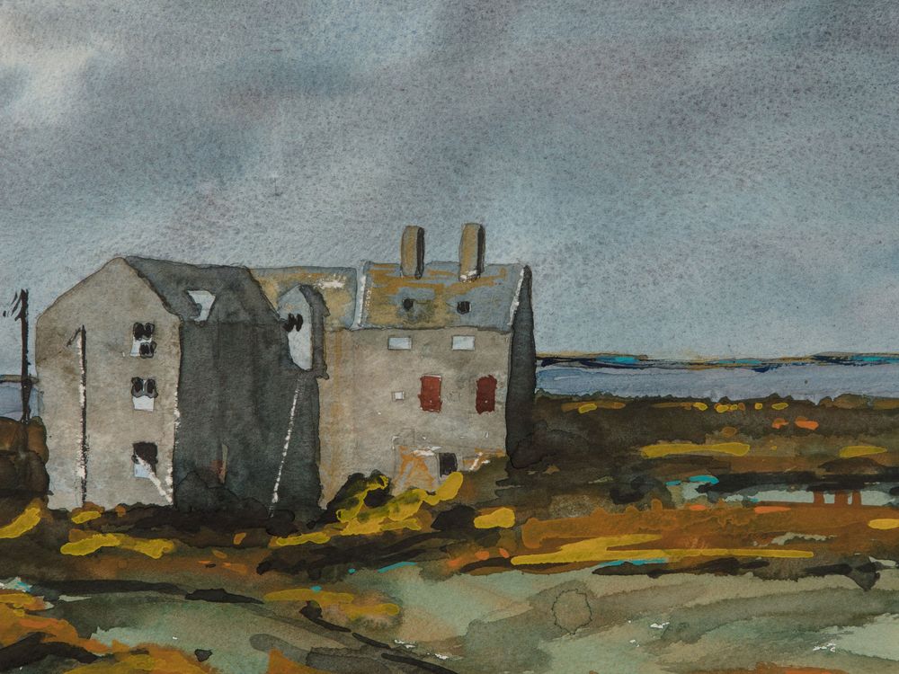 watercolor painting of cloudy day and a gray worn down building overlooking seascape