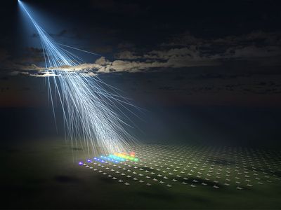An artist&#39;s rendition of the detection of the cosmic ray by the Telescope Array experiment. When high-energy cosmic rays reach Earth&#39;s atmosphere, they collide with and break apart atomic nuclei, creating a shower of particles that is picked up by detectors on the ground.