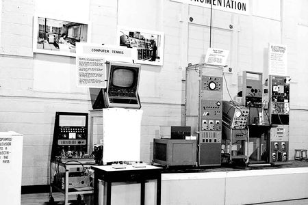 A 1959 exhibition of the first video game "Tennis For Two," designed physicist William Higinbotham at Brookhaven National Laboratory in 1958. 