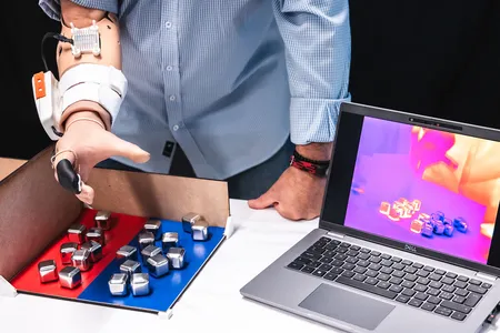 Fabrizio Fidati, a 57-year-old amputee, uses the MiniTouch device with his prosthetic to accurately sort cubes of different temperatures.