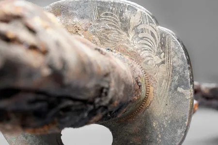 The sword's guard is decorated with&nbsp;chrysanthemum and waterline motifs.