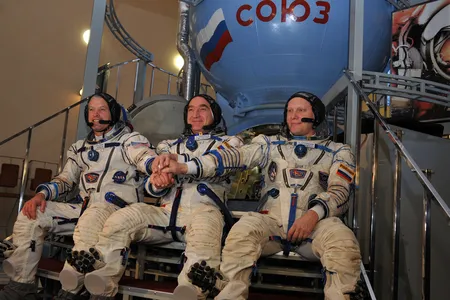 Tested friendship: NASA astronaut Steve Swanson (left), Soyuz Commander Alexander Skvortsov and cosmonaut Oleg Artemyev are preparing for a March 26 launch to the space station.