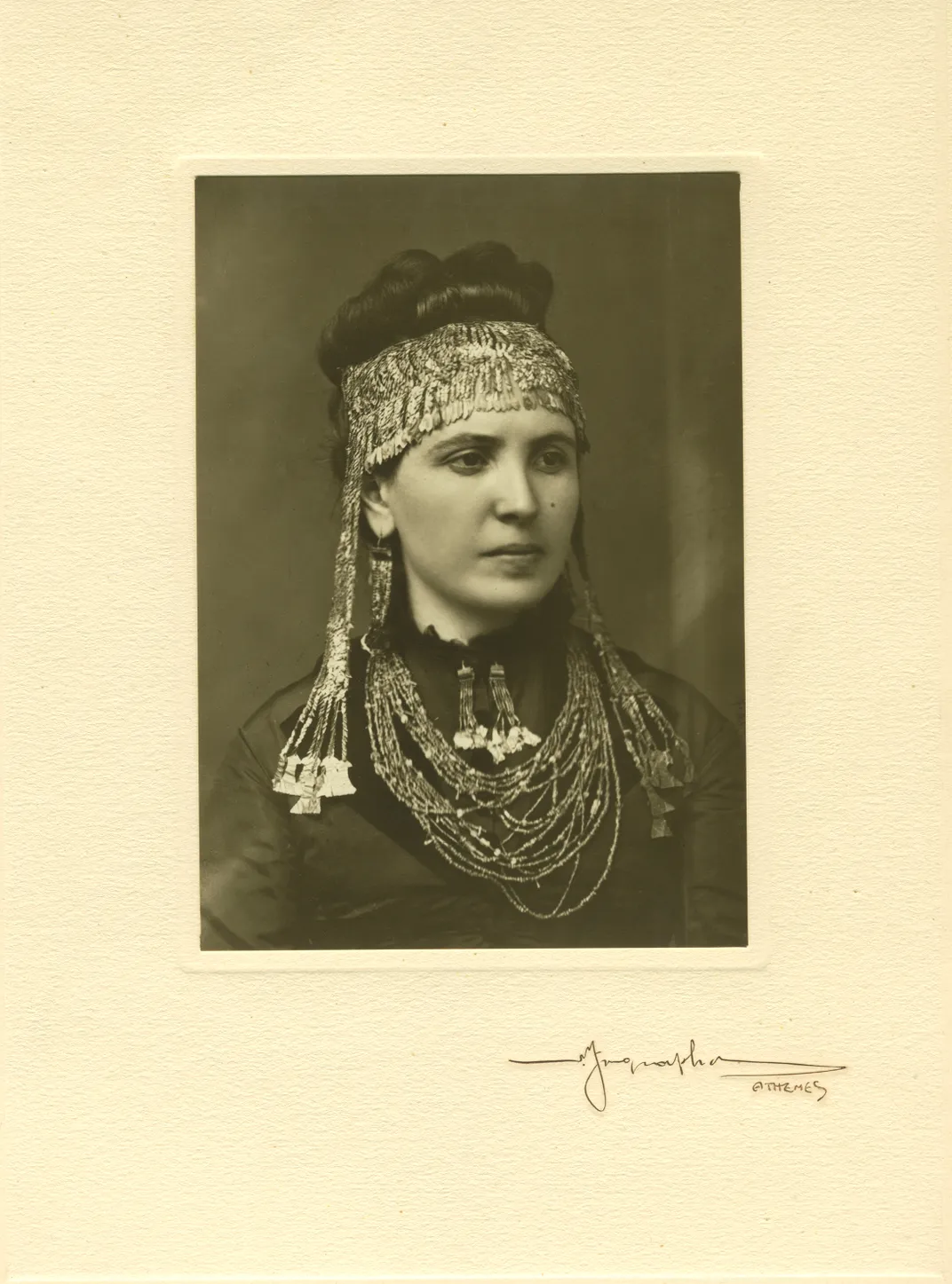 Heinrich's second wife, Sophia Schliemann, wearing gold jewelry from Priam's Treasure in 1873