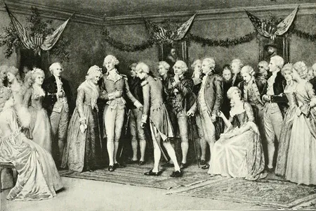 A depiction of George Washington and his mother, Mary Ball Washington, attending a ball celebrating the surrender at Yorktown in 1781