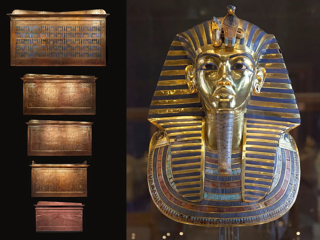 Tutankhamun's burial sarcophagus and nesting coffins (left) and his golden funerary mask (right)