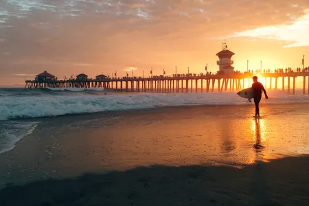 A surfer at Huntington Beach in Southern California