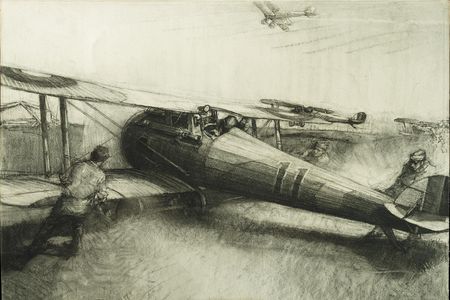 Harry Townsend sketched crews pushing aircraft into position after an alert.